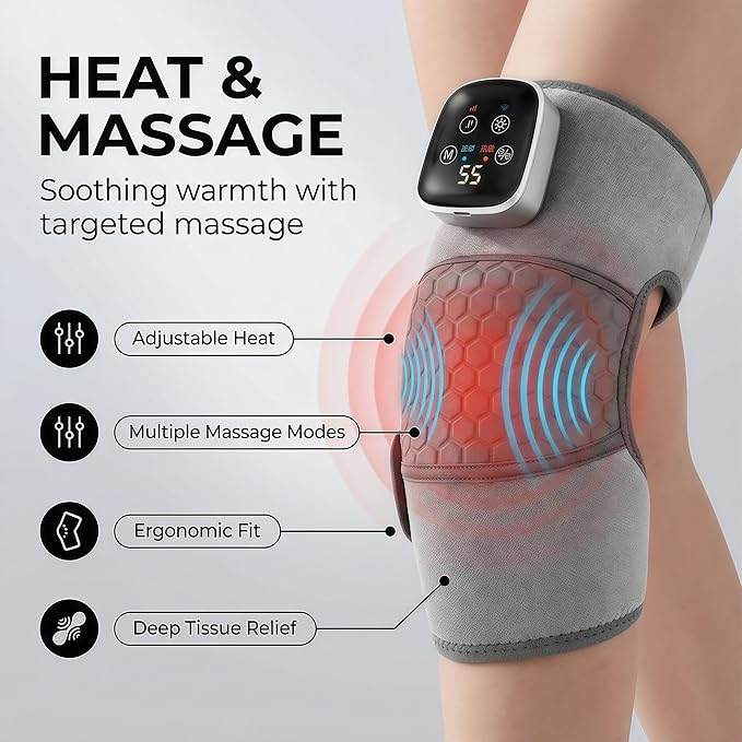 2026 Upgraded Cordless Knee Massager with Heat &amp Vibration Adjustable Wrap Design LED Display Rechargeable Knee Heating Pad for Home Office &amp Daily Relaxation (Grey(Single))