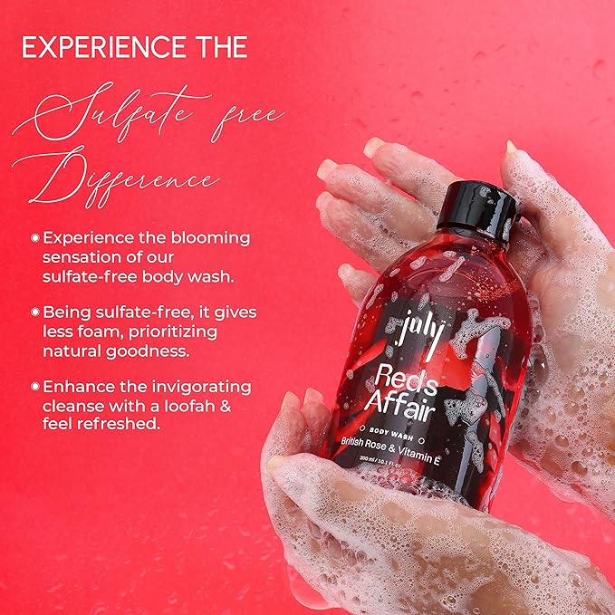 July Reds Affair Body Wash 300ml British Rose Vitamin E with Moisturizer Long Lasting Fragrance Exfoliating Shower Gel Nourishing Body Wash for Women &amp Men