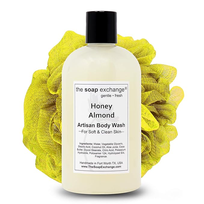 The Soap Exchange Body Wash - Honey Almond Scent - Hand Crafted 12 fl oz / 354 ml Natural Artisan Liquid Soap for Hand Face &amp Body Shower Gel Cleanse Moisturize &amp Protect. Made in the USA