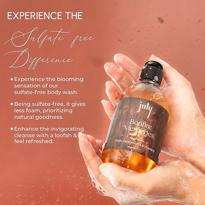 July Bonfire Memories Body Wash 300ml Oudh &amp Sandalwood Vitamin E with Moisturizer Long Lasting Fragrance Exfoliating Shower Gel Nourishing Body Wash for Women &amp Men
