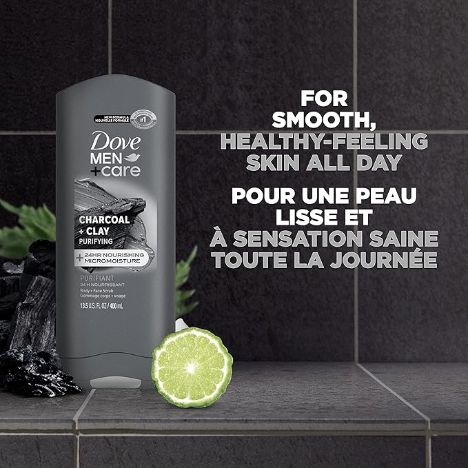 Dove Purifying Charcoal + Clay Body and Face Wash with 24-Hour Nourishing Micromoisture Technology Body Wash for Men 13.5 oz