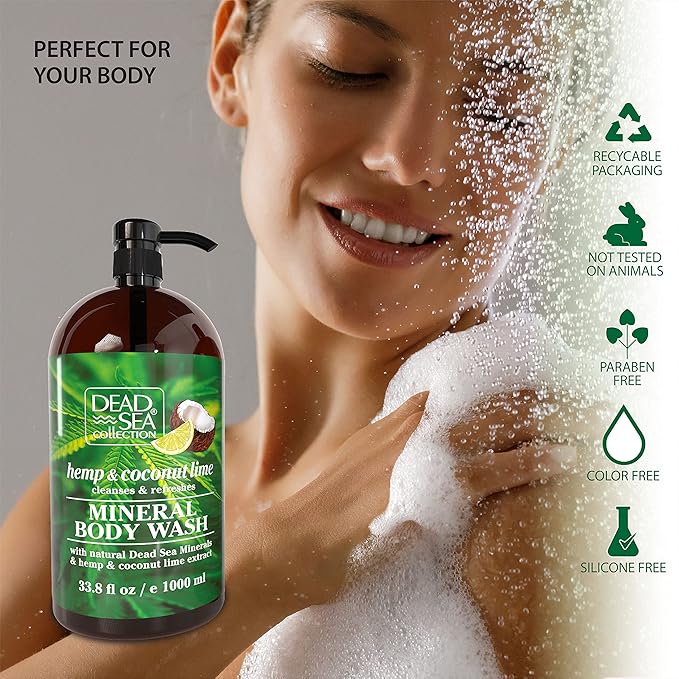 Dead Sea Collection Hemp &amp Coconut Lime Body Wash for Women and Men – with Pure Dead Sea Minerals - Cleanses and Moisturizes Skin - Pack of 2 (67.6 fl. oz)