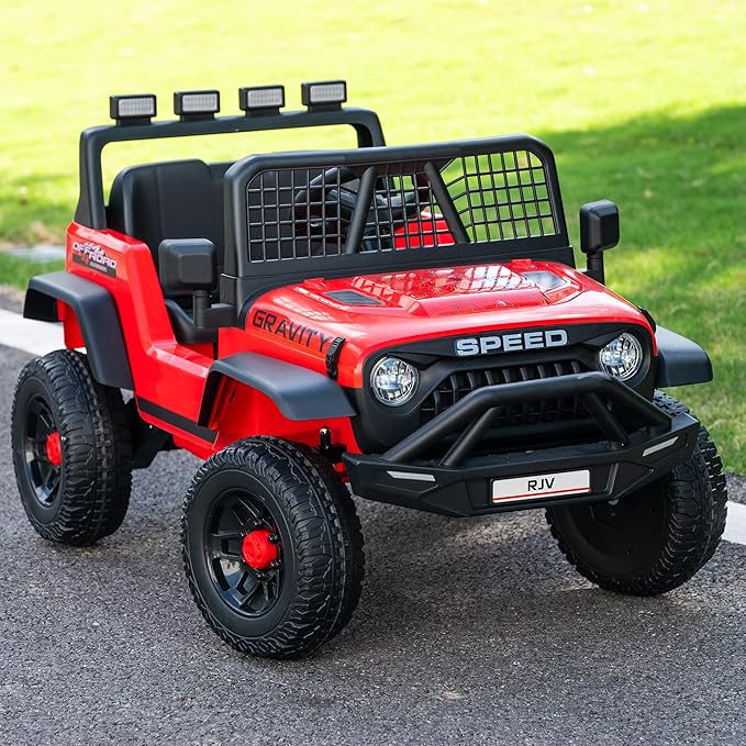 12V 7AH 4WD Kids Ride-On Truck Electric Off-Road Car with Remote &amp Pedal Control LED Lights Music USB Safety Belt 4-Wheel Suspension Adjustable Speeds Outdoor Gift for Boys Girls Red