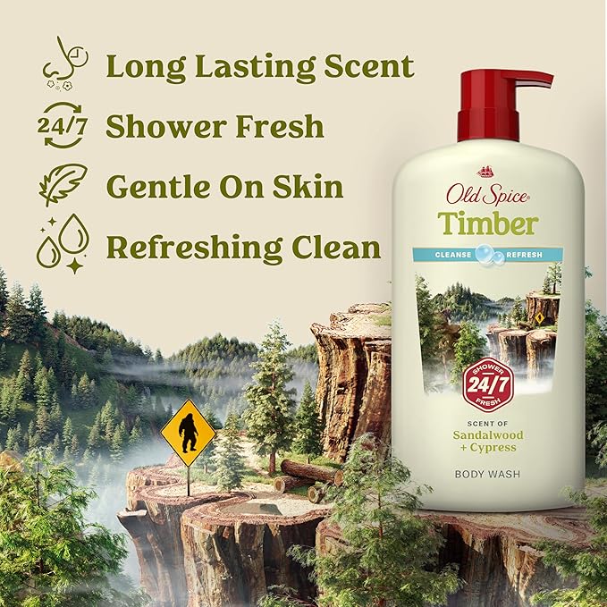 Old Spice Cleansing Body Wash for Men 24/7 Shower Fresh with Lasting Scent Cleanse &amp Refresh Gentle on Skin Vitamin B3 Timber with Sandalwood + Cypress Scent 30 oz (Pack of 4)