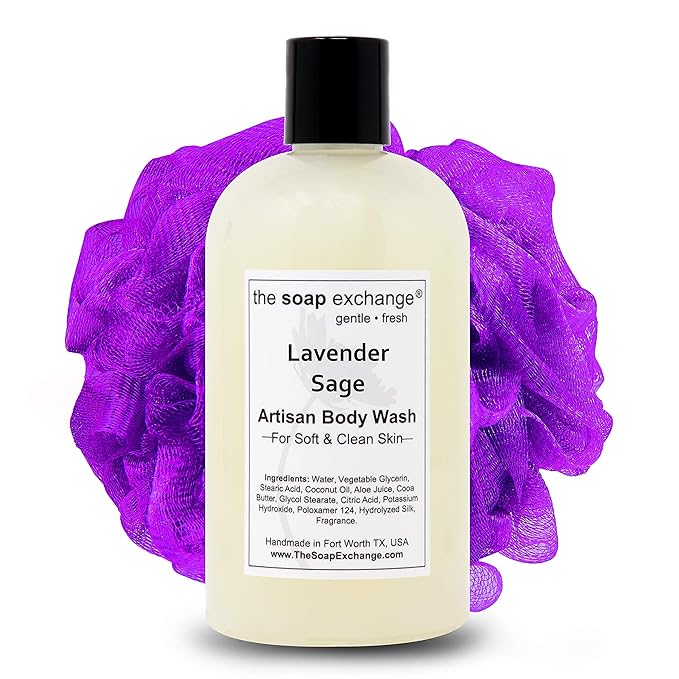 The Soap Exchange Body Wash - Lavender Sage Scent - Hand Crafted 12 fl oz / 354 ml Natural Artisan Liquid Soap for Hand Face &amp Body Shower Gel Cleanse Moisturize &amp Protect. Made in the US
