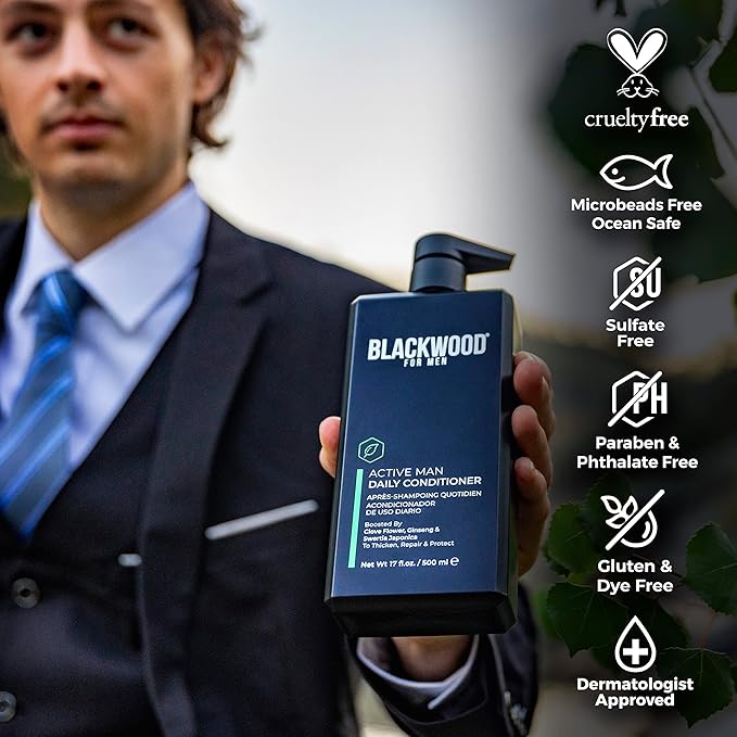 BLACKWOOD FOR MEN Active Man Daily Conditioner (17oz) and Pure Moisture Body Wash (17oz) Bundle - Natural Vegan Formula - Sulfate Free Paraben Free &amp Cruelty Free