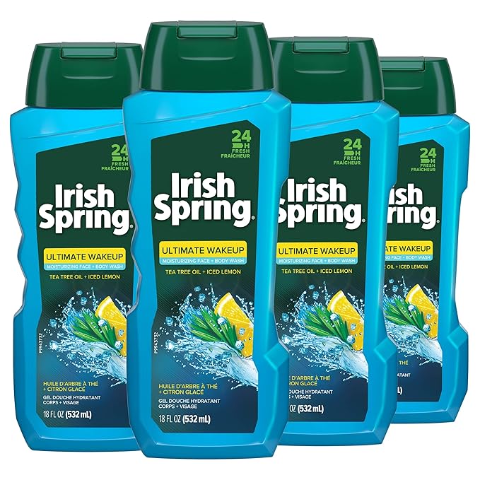 Irish Spring Ultimate Wake Up Tea Tree Face &amp Body Wash for Men Moisturizing Body Wash Washes Away Bacteria - 18 Fluid Ounce 4 Pack