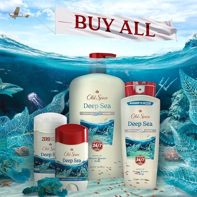 Old Spice Cleansing Body Wash for Men 24/7 Shower Fresh with Lasting Scent Exfoliate &amp Cleanse Gentle on Skin Vitamin B3 Deep Sea with Ocean Waves + Kelp Scent 18 oz (Pack of 4)