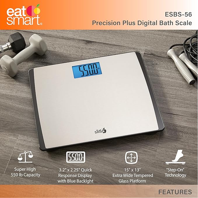 Eat Smart Precision 550 Pound Extra-High Capacity Digital Bathroom Scale Extra-Wide Platform Stainless Steel Body Weight Scale with Step-On Tech Silver