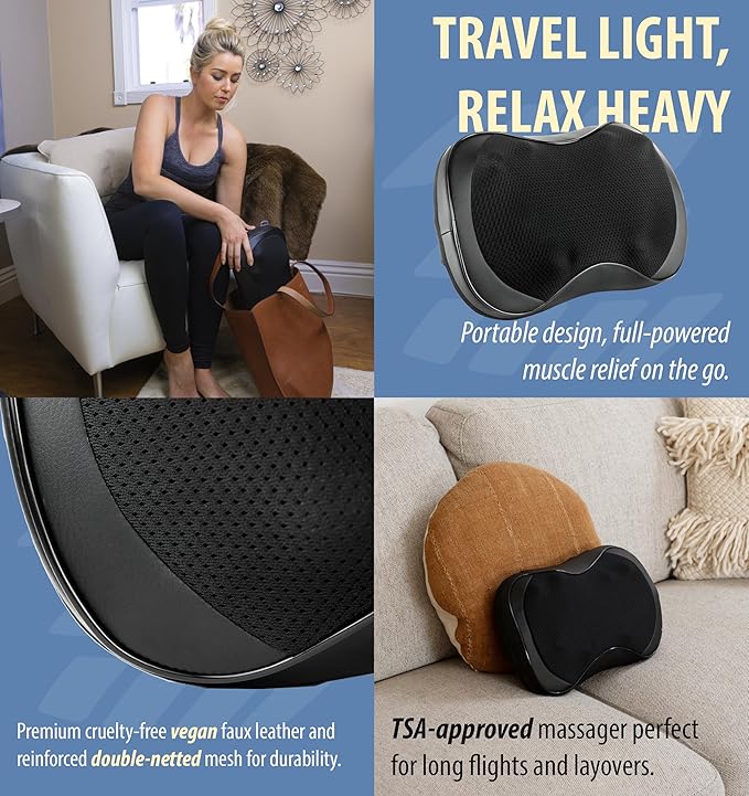 Zyllion Shiatsu Back and Neck Massager with Heat - 3D Electric Kneading Deep Tissue Massage Pillow with 8 Massaging Nodes for Muscle Pain Relief Black ZMA-25