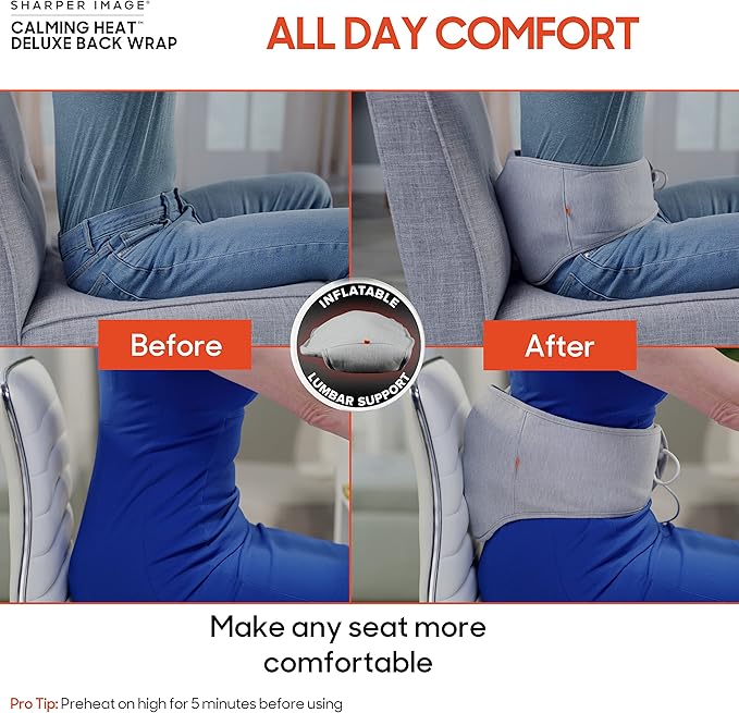 Calming Heat Back Wrap by Sharper Image- Cordless Electric Back Heating Pad Inflatable Lumbar Soothing Heat &amp Vibration- 27 Settings 3 Heat 9 Vibration 3 Lumbar Includes Portable Power Pack