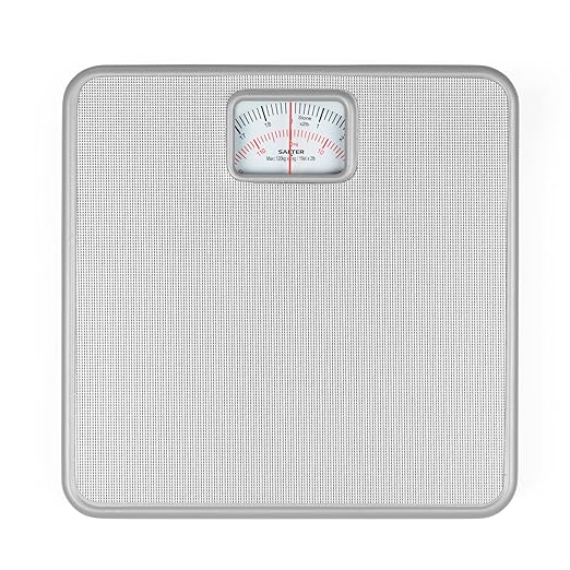 Salter 433 SVDR Mechanical Bathroom Scale – Body Weight Scale with 120 KG Capacity Large Platform with Non-Slip Mat Easy to Read Rotating Dial No Batteries Required Weigh in kg/st/lbs Silver
