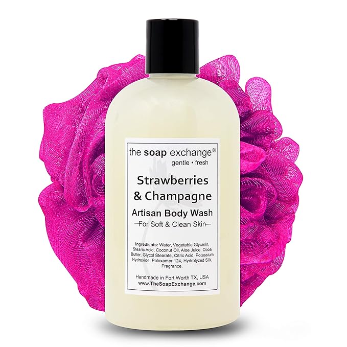 The Soap Exchange Body Wash - Strawberries &amp Champagne Scent - Hand Crafted 12 fl oz / 354 ml Natural Artisan Liquid Soap for Hand Face &amp Body Shower Gel Cleanse Moisturize Protect.