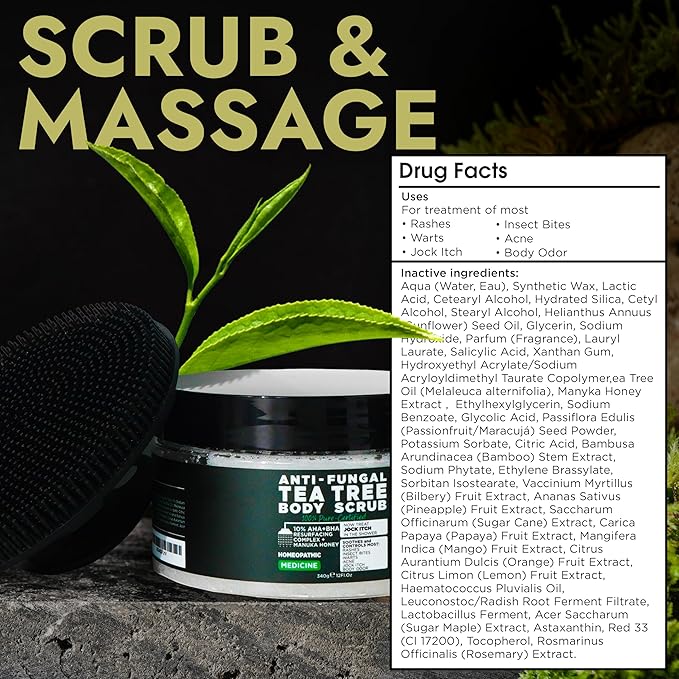 Terramed Just Think Comfort Antifungal Body Scrub with Tea Tree Oil – Exfoliating Body Wash for Women &amp Men – Soothes Itchy Skin Rashes Acne Warts &amp Insects Bites – 12 Fl oz with Scrubber B