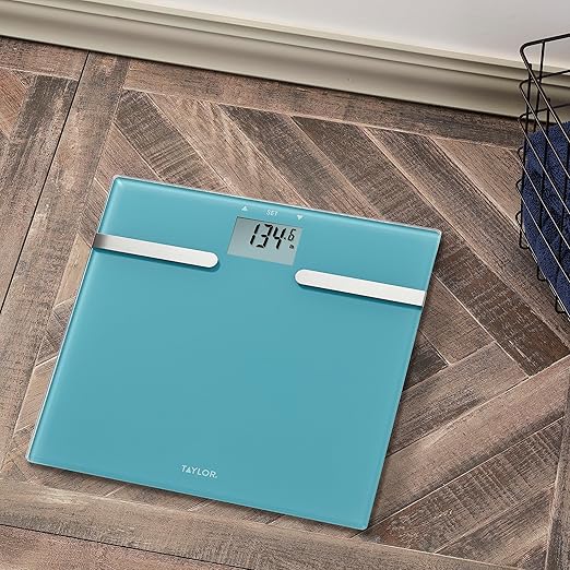 Taylor Glass Body Composition Digital Bathroom Scale BIA Technology Estimates Body Fat Muscle Mass and Body Water 400 lb Capacity User Recognition for 4 Users Calming Blue