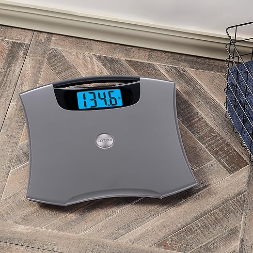 Taylor Digital Scales for Body Weight Extra High 440 LB Capacity Built in Handle Jumbo Blue Readout Durable Platform 13.0 x 12.0 Inches Silver Metallic