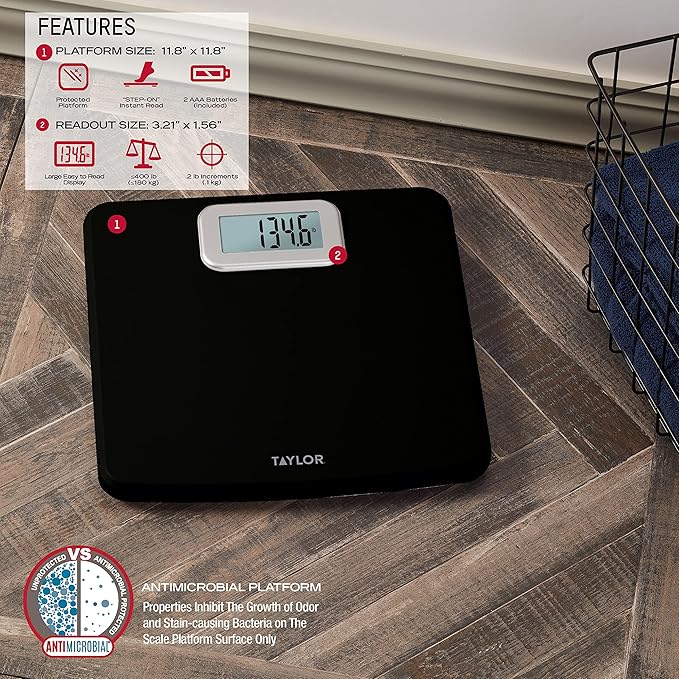Taylor Digital Bath Scale with Antimicrobial Surface Protection Bathroom Scale for Body Weight 400 lbs. Black