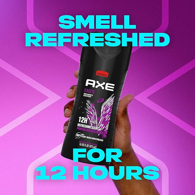 AXE Body Wash 12h Refreshing Scent Excite Crisp Coconut &amp Black Pepper Men's Body Wash with 100% Plant-Based Moisturizers 16 oz(Pack of 8)