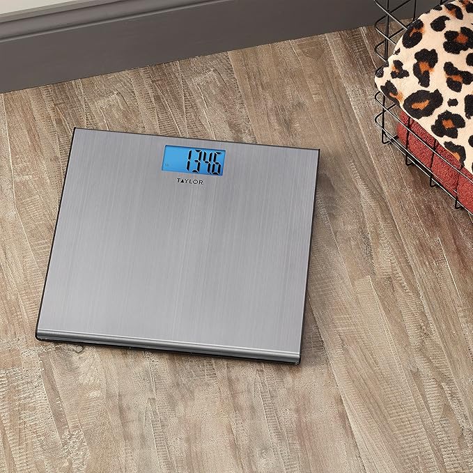Taylor Digital Scales for Body Weight Extra-High 440 lb Capacity Thin Profile Unique Blue LCD Glass Platform 12.2 x 12.2 Inches Stainless Steel