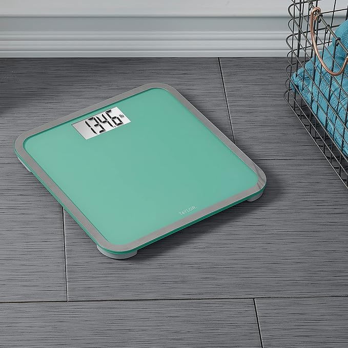 Taylor Digital Glass Bathroom Scale for Body Weight Large Durable Platform Extra High 500 lb Capacity Large 3.5x1.7 White Backlit Display Sea Foam Green