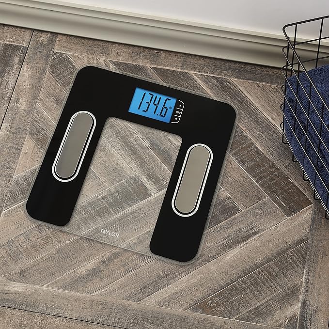 Taylor Digital Glass Body Composition Scale Bathroom Scale for Body Weight Measures Body Fat Body Water Muscle Mass and BMI 10-User Recognition FSA HSA Eligible 400 lb Capacity White and Black