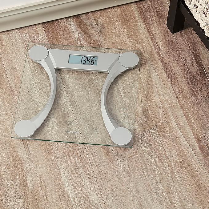 Taylor 400 Lb. Capacity Clear Glass Digital Bathroom Scale with Metallic Accents 11.8-inch x 11.8-inch Platform Silver